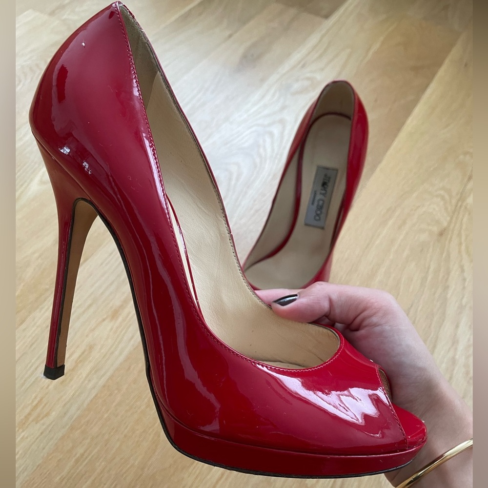 5” red jimmy choo peep toe heels